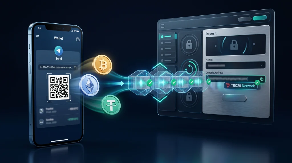 Depósito con criptomonedas y verificación de red